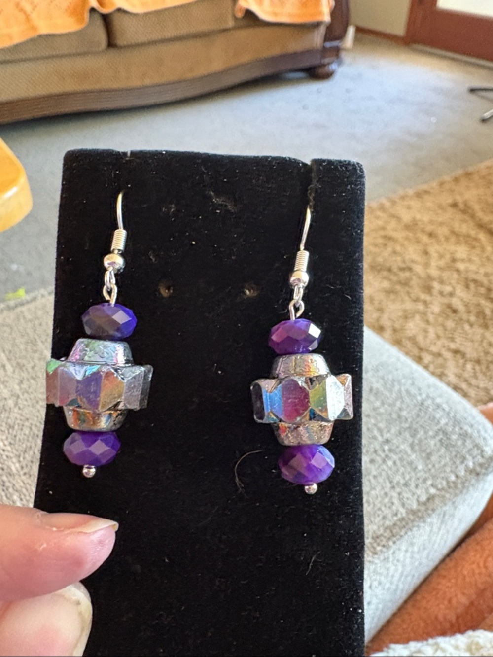Hand Crafted Purple Faceted Czech Glass Dangle Earrings with Iridescent Accents